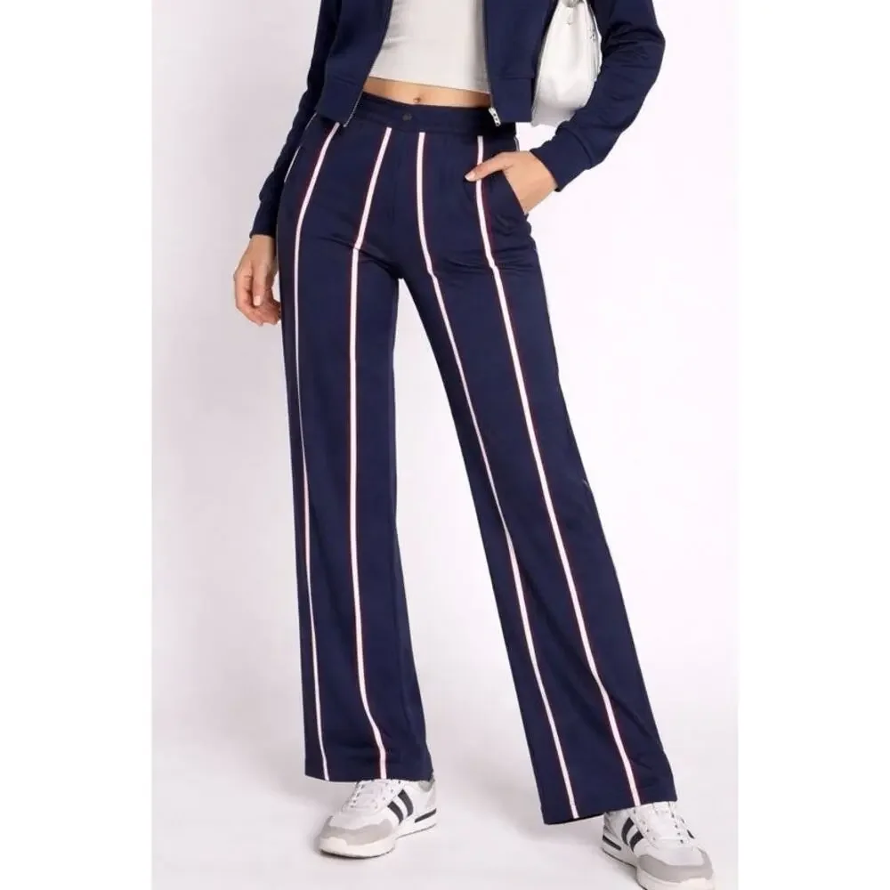 Tory Burch Sport Retro Luxury Wide Leg Trousers Pants S Navy Blue Stripe Y2K - Picture 1 of 11